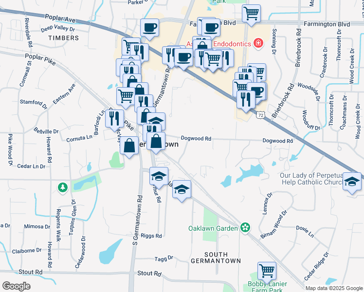 map of restaurants, bars, coffee shops, grocery stores, and more near 2280 Dogwood Crest Cove in Germantown