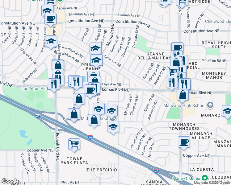 map of restaurants, bars, coffee shops, grocery stores, and more near 11300 Lomas Boulevard Northeast in Albuquerque