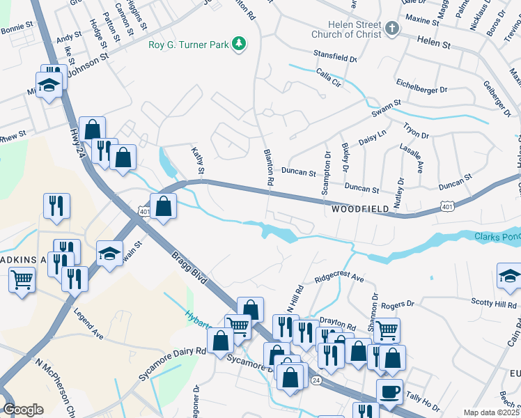 map of restaurants, bars, coffee shops, grocery stores, and more near 4201 Blanton Road in Fayetteville