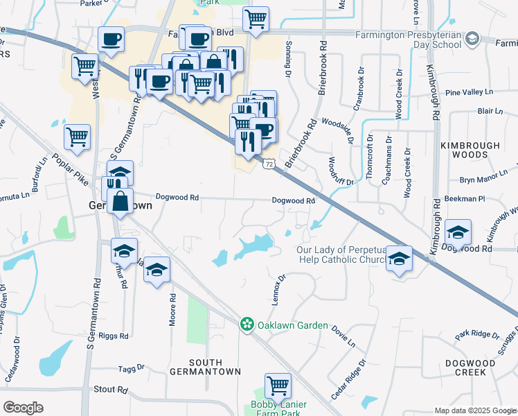 map of restaurants, bars, coffee shops, grocery stores, and more near 7766 Radford Ridge Road in Germantown
