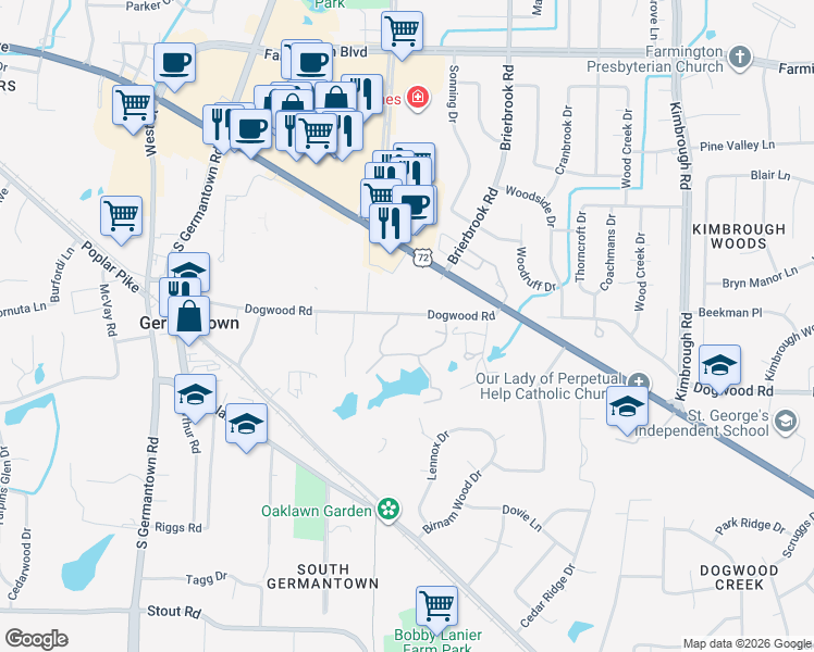 map of restaurants, bars, coffee shops, grocery stores, and more near 7766 Radford Ridge Road in Germantown