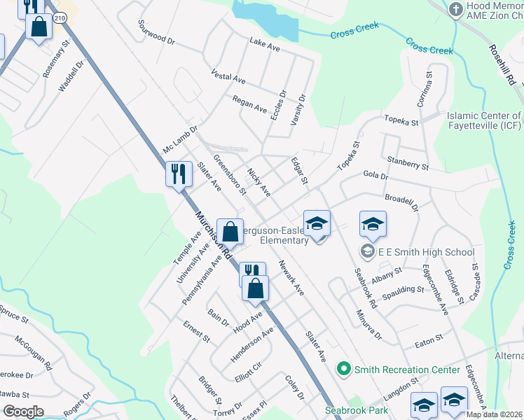 map of restaurants, bars, coffee shops, grocery stores, and more near 2204 Greensboro Street in Fayetteville