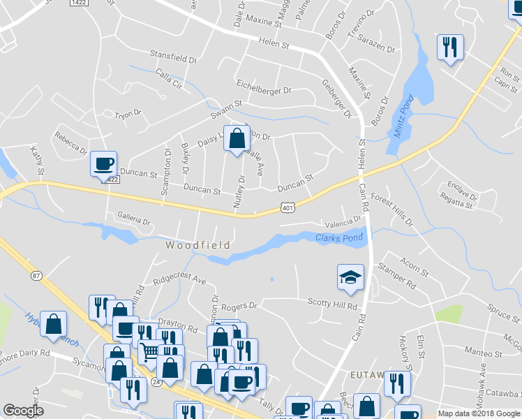 map of restaurants, bars, coffee shops, grocery stores, and more near 910 Cora Lee Drive in Fayetteville