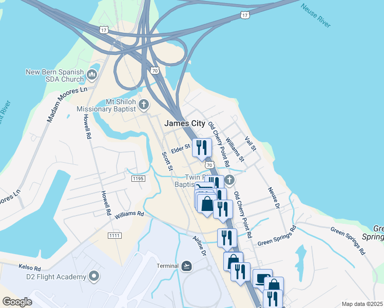 map of restaurants, bars, coffee shops, grocery stores, and more near 609 Dudley Street in New Bern