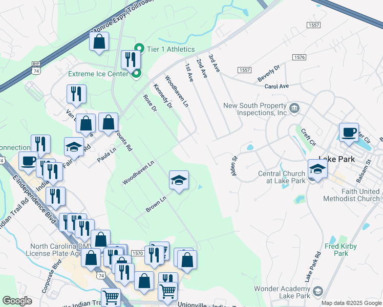 map of restaurants, bars, coffee shops, grocery stores, and more near 6601 Rose Drive in Indian Trail