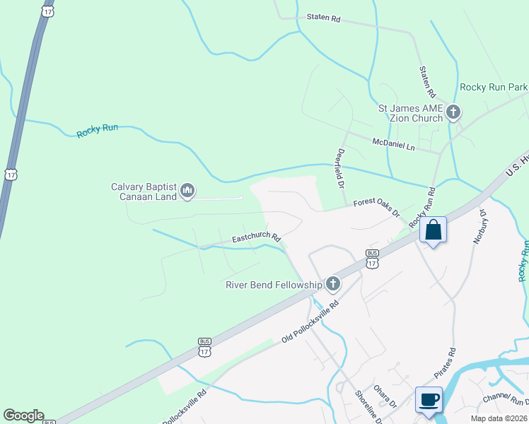 map of restaurants, bars, coffee shops, grocery stores, and more near 153 Canaan Lane in New Bern