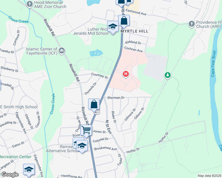 map of restaurants, bars, coffee shops, grocery stores, and more near 2013 Blake Street in Fayetteville