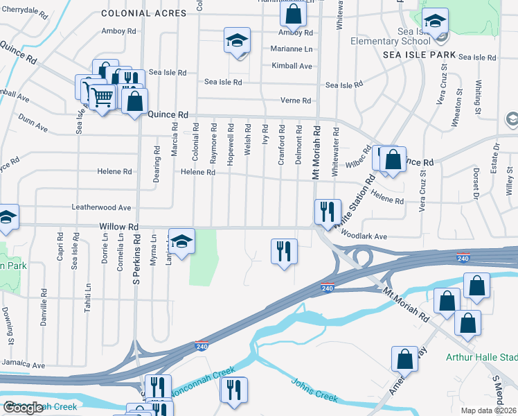 map of restaurants, bars, coffee shops, grocery stores, and more near 1649 Ivy Road in Memphis