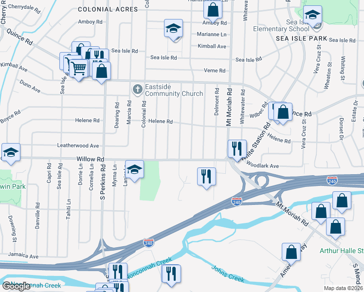 map of restaurants, bars, coffee shops, grocery stores, and more near 1649 Ivy Road in Memphis