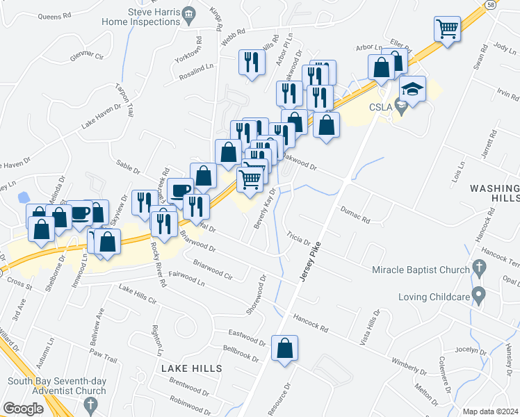map of restaurants, bars, coffee shops, grocery stores, and more near 4705 Beverly Kay Drive in Chattanooga