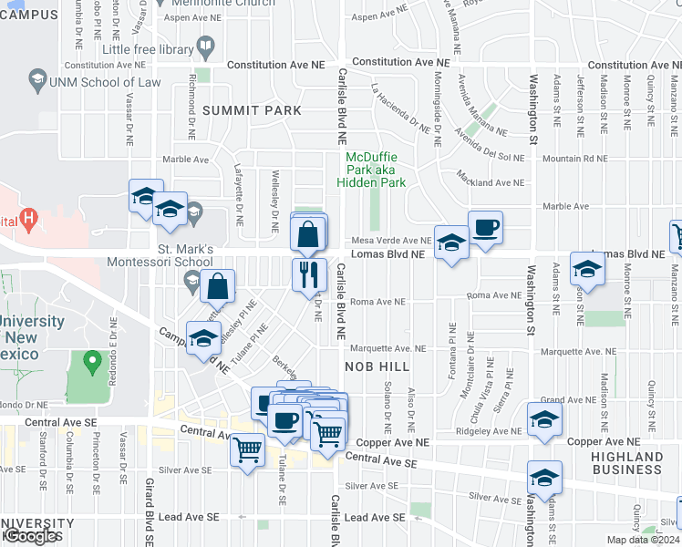map of restaurants, bars, coffee shops, grocery stores, and more near 544 Carlisle Blvd NE in Albuquerque