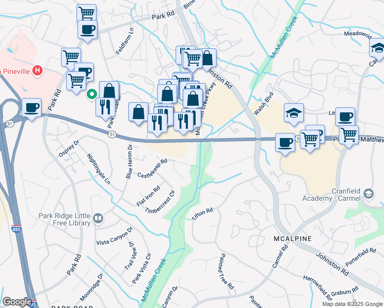 map of restaurants, bars, coffee shops, grocery stores, and more near 8221 Pineville-Matthews Road in Charlotte