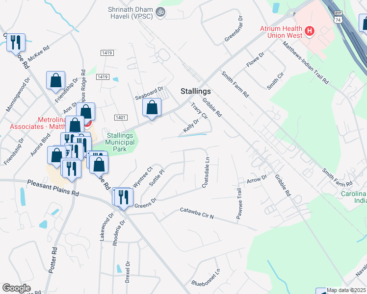 map of restaurants, bars, coffee shops, grocery stores, and more near 2426 Coatsdale Lane in Matthews