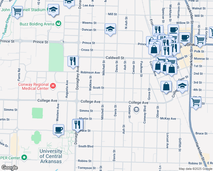 map of restaurants, bars, coffee shops, grocery stores, and more near 1830 Scott Street in Conway