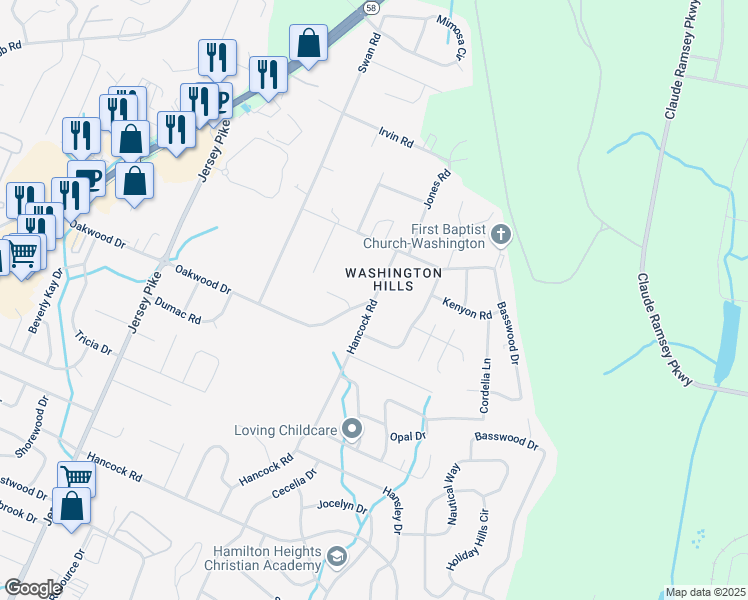 map of restaurants, bars, coffee shops, grocery stores, and more near 6590 Oakwood Drive in Chattanooga
