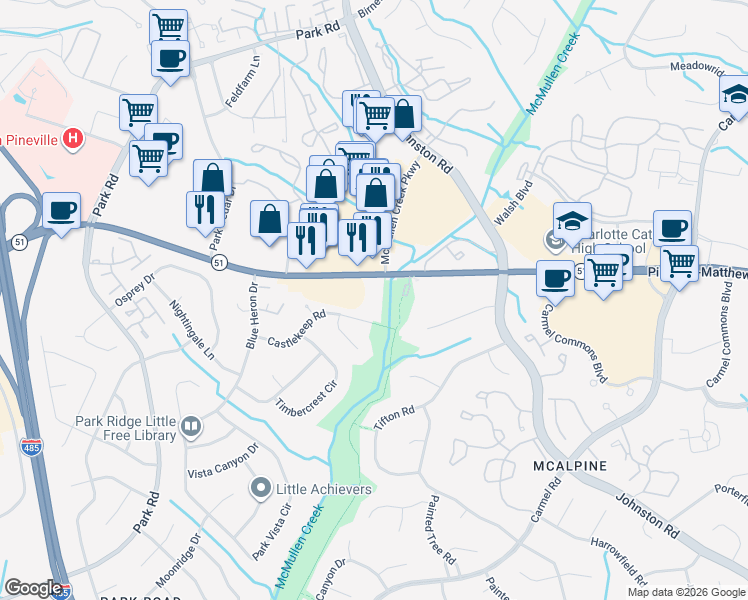 map of restaurants, bars, coffee shops, grocery stores, and more near 8221 Pineville-Matthews Road in Charlotte