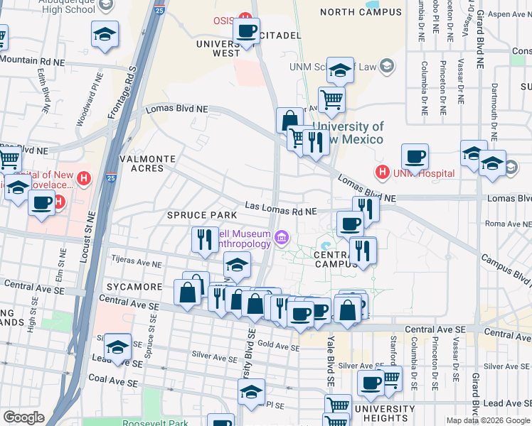 map of restaurants, bars, coffee shops, grocery stores, and more near 1610 Las Lomas Road Northeast in Albuquerque