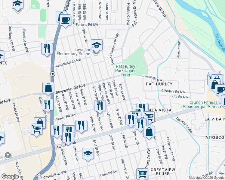 map of restaurants, bars, coffee shops, grocery stores, and more near 343 57th Street Northwest in Albuquerque