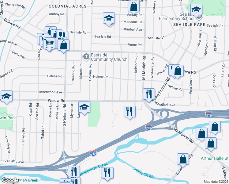 map of restaurants, bars, coffee shops, grocery stores, and more near 1649 Ivy Road in Memphis