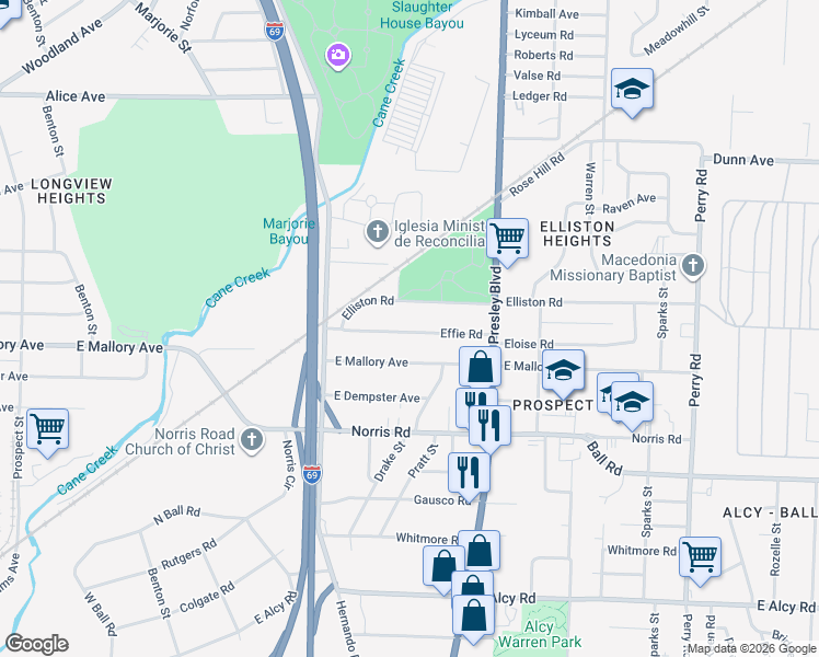 map of restaurants, bars, coffee shops, grocery stores, and more near 1261 Effie Road in Memphis