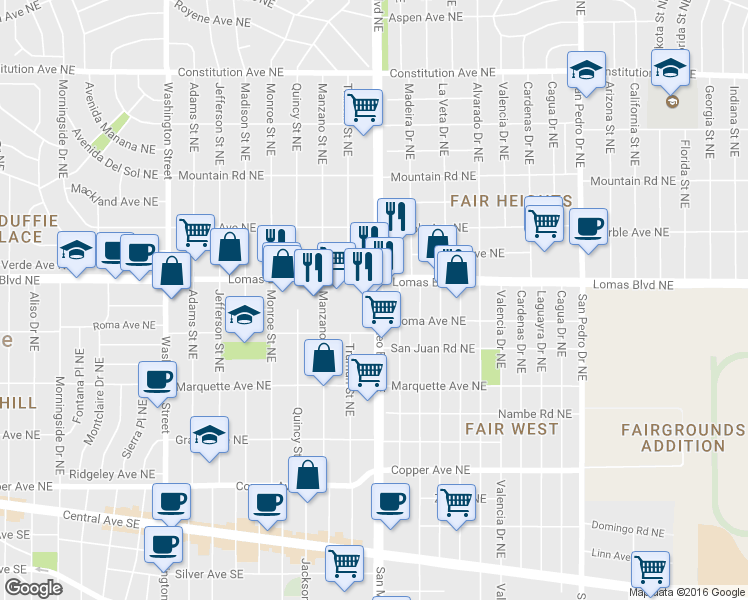 map of restaurants, bars, coffee shops, grocery stores, and more near 933 San Mateo Boulevard Northeast in Albuquerque