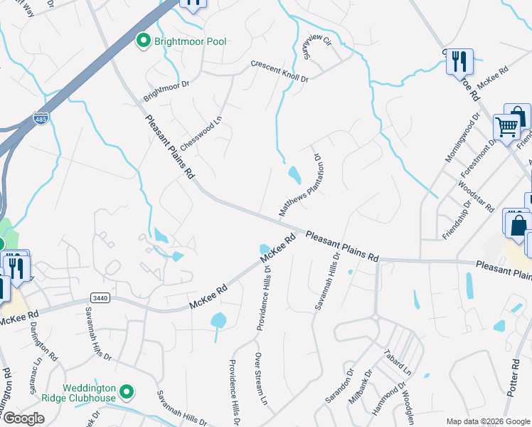 map of restaurants, bars, coffee shops, grocery stores, and more near 1553 Wickerby Court in Matthews