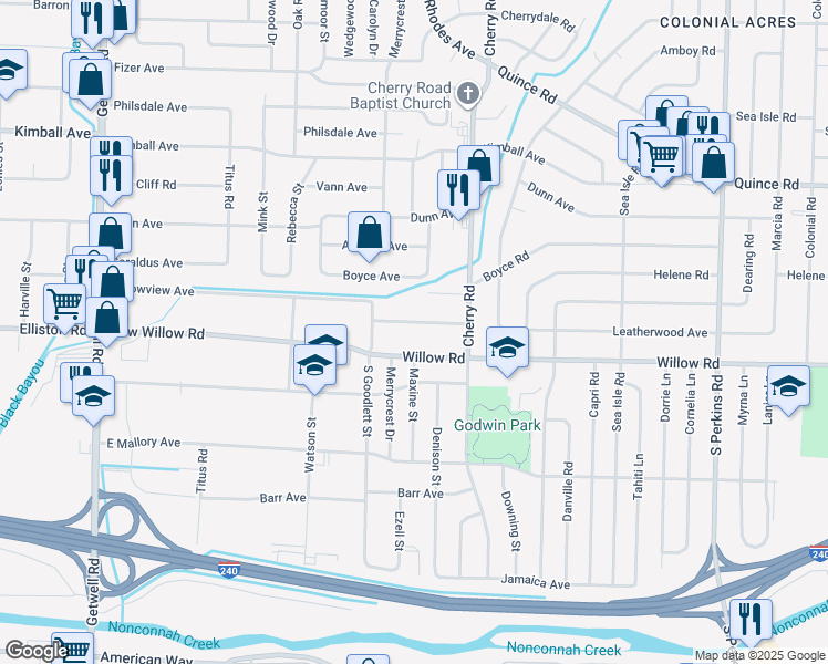 map of restaurants, bars, coffee shops, grocery stores, and more near 4291 Leatherwood Avenue in Memphis