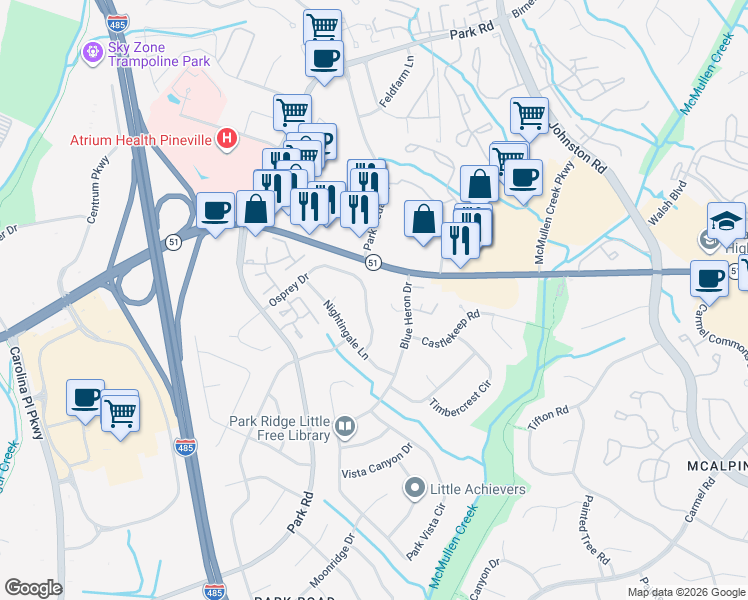 map of restaurants, bars, coffee shops, grocery stores, and more near 10843 Osprey Drive in Charlotte