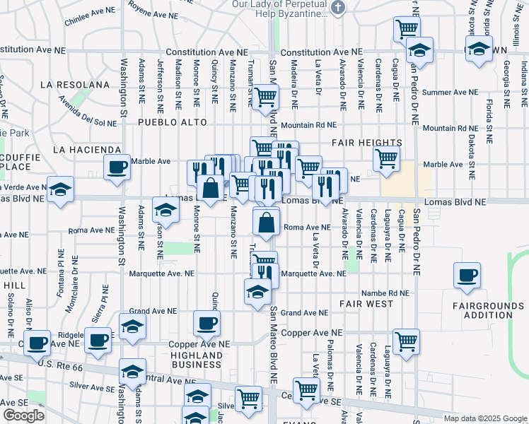 map of restaurants, bars, coffee shops, grocery stores, and more near 933 San Mateo Boulevard Northeast in Albuquerque