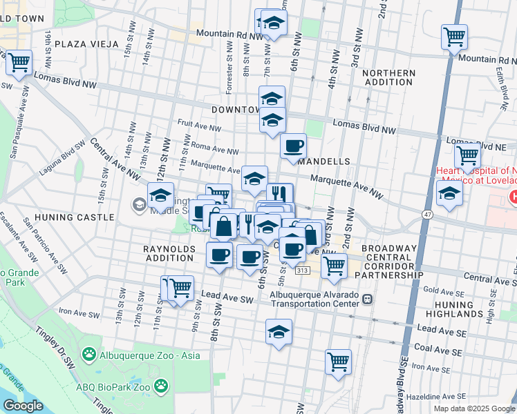 map of restaurants, bars, coffee shops, grocery stores, and more near 224 7th Street Northwest in Albuquerque
