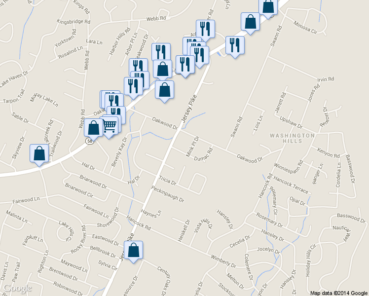 map of restaurants, bars, coffee shops, grocery stores, and more near 4511 Dumac Rd in Chattanooga