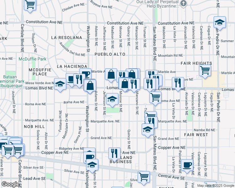 map of restaurants, bars, coffee shops, grocery stores, and more near 528 Madison Street Northeast in Albuquerque
