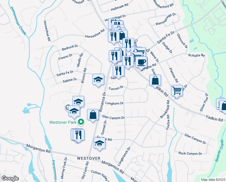 map of restaurants, bars, coffee shops, grocery stores, and more near 309 Cartwright Drive in Fayetteville