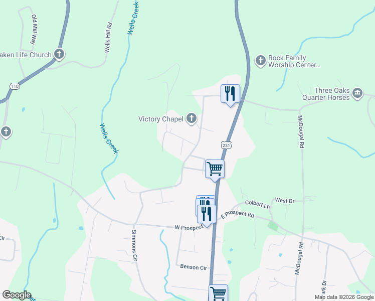 map of restaurants, bars, coffee shops, grocery stores, and more near 47 Simmons Circle in Fayetteville