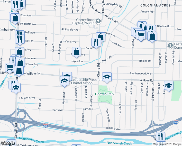 map of restaurants, bars, coffee shops, grocery stores, and more near 4333 Leatherwood Avenue in Memphis