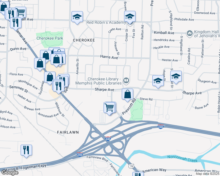 map of restaurants, bars, coffee shops, grocery stores, and more near 3204 Sharpe Avenue in Memphis
