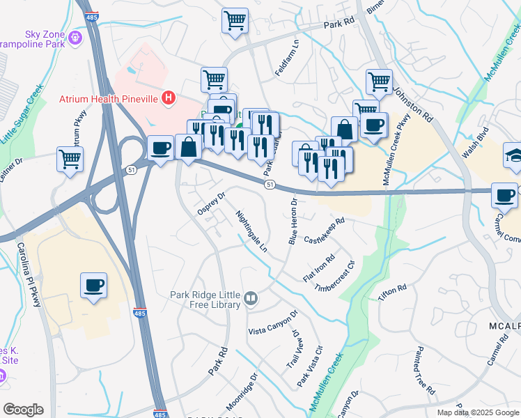 map of restaurants, bars, coffee shops, grocery stores, and more near 10843 Osprey Drive in Charlotte