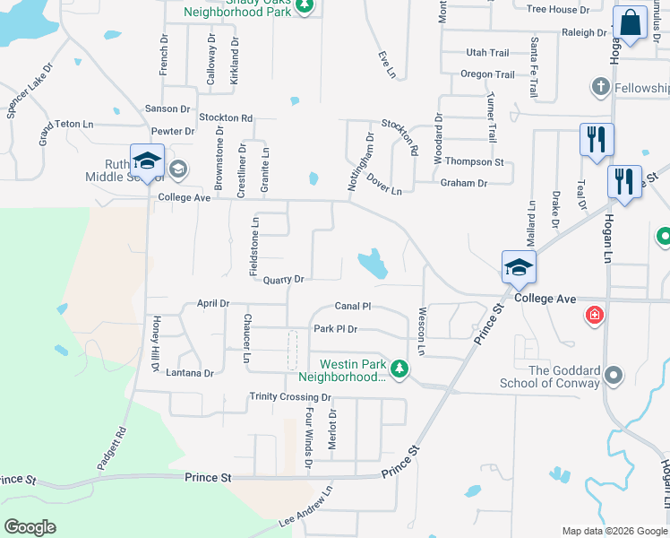 map of restaurants, bars, coffee shops, grocery stores, and more near 4910 Quarry Drive in Conway