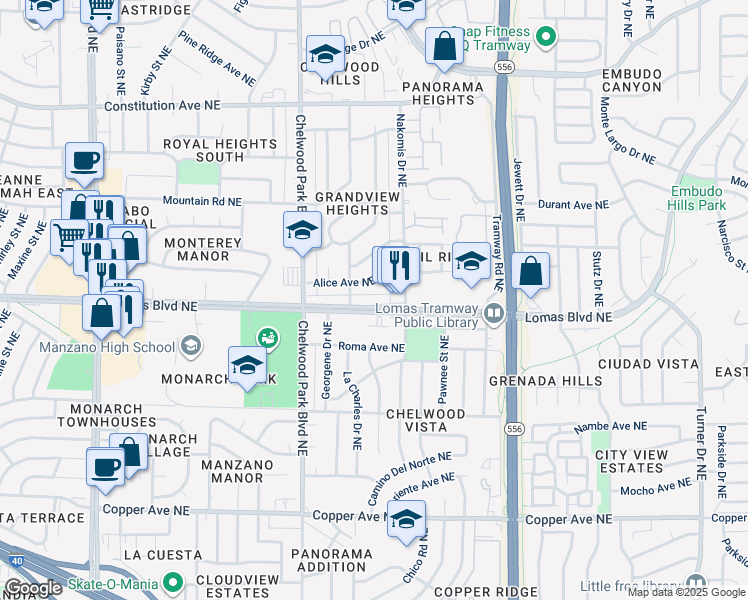 map of restaurants, bars, coffee shops, grocery stores, and more near 12917 Lomas Boulevard Northeast in Albuquerque