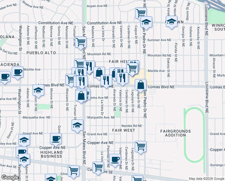 map of restaurants, bars, coffee shops, grocery stores, and more near 908 Palomas Drive Northeast in Albuquerque