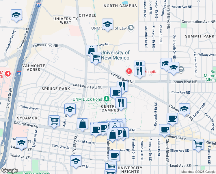 map of restaurants, bars, coffee shops, grocery stores, and more near 1900 Roma Avenue Northeast in Albuquerque