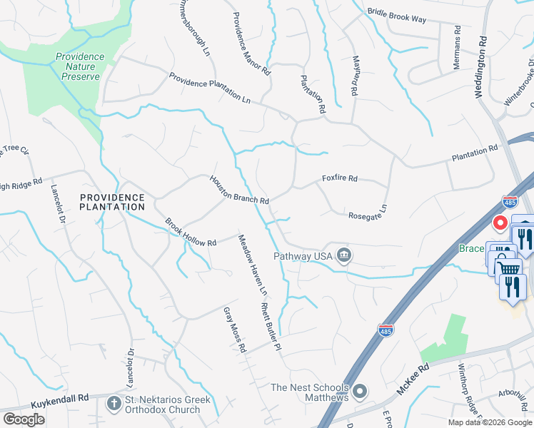 map of restaurants, bars, coffee shops, grocery stores, and more near 5548 Meadow Haven Lane in Charlotte