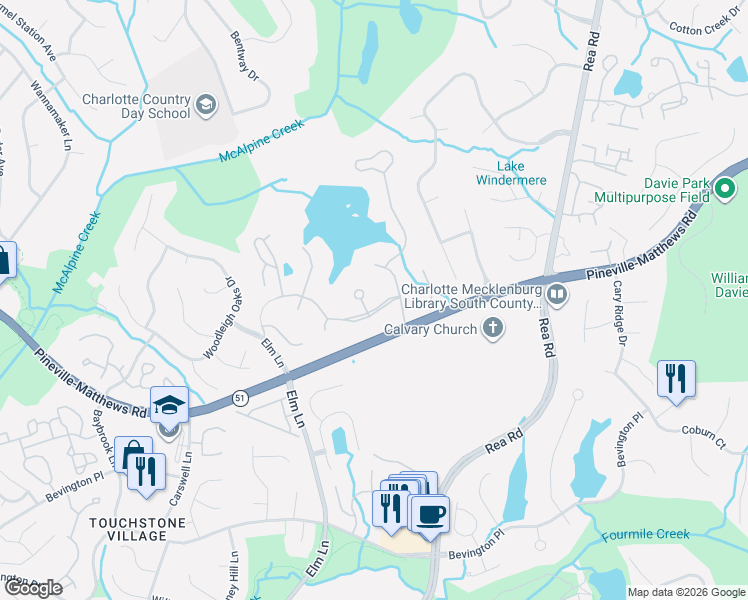 map of restaurants, bars, coffee shops, grocery stores, and more near 8820 Covey Rise Court in Charlotte
