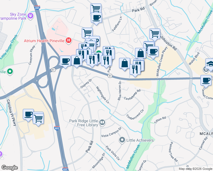 map of restaurants, bars, coffee shops, grocery stores, and more near 10843 Osprey Drive in Charlotte