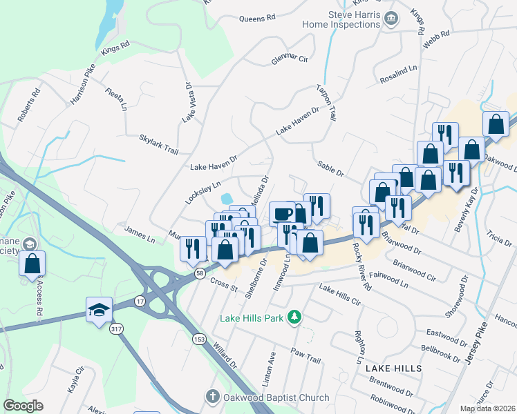 map of restaurants, bars, coffee shops, grocery stores, and more near 4501 Oakhill Drive in Chattanooga