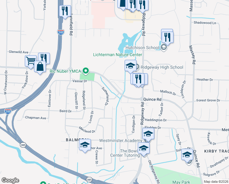 map of restaurants, bars, coffee shops, grocery stores, and more near 6043 McQueen Drive in Memphis