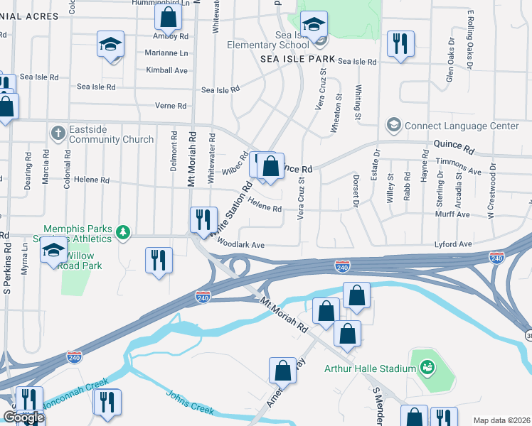 map of restaurants, bars, coffee shops, grocery stores, and more near 5100 Whiteway Drive in Memphis