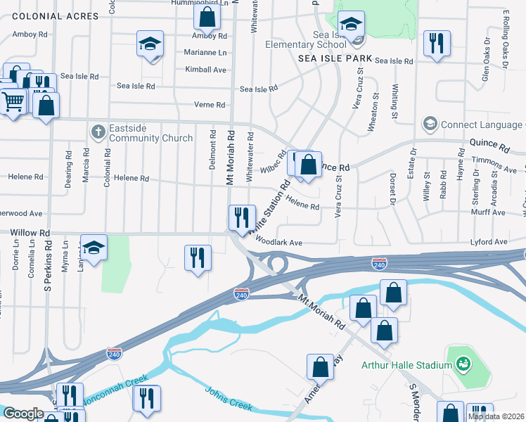 map of restaurants, bars, coffee shops, grocery stores, and more near 1672 South White Station Road in Memphis
