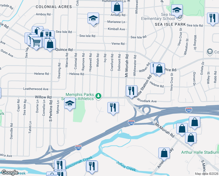 map of restaurants, bars, coffee shops, grocery stores, and more near 1654 Cranford Road in Memphis