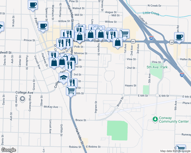 map of restaurants, bars, coffee shops, grocery stores, and more near 512 4th Street in Conway